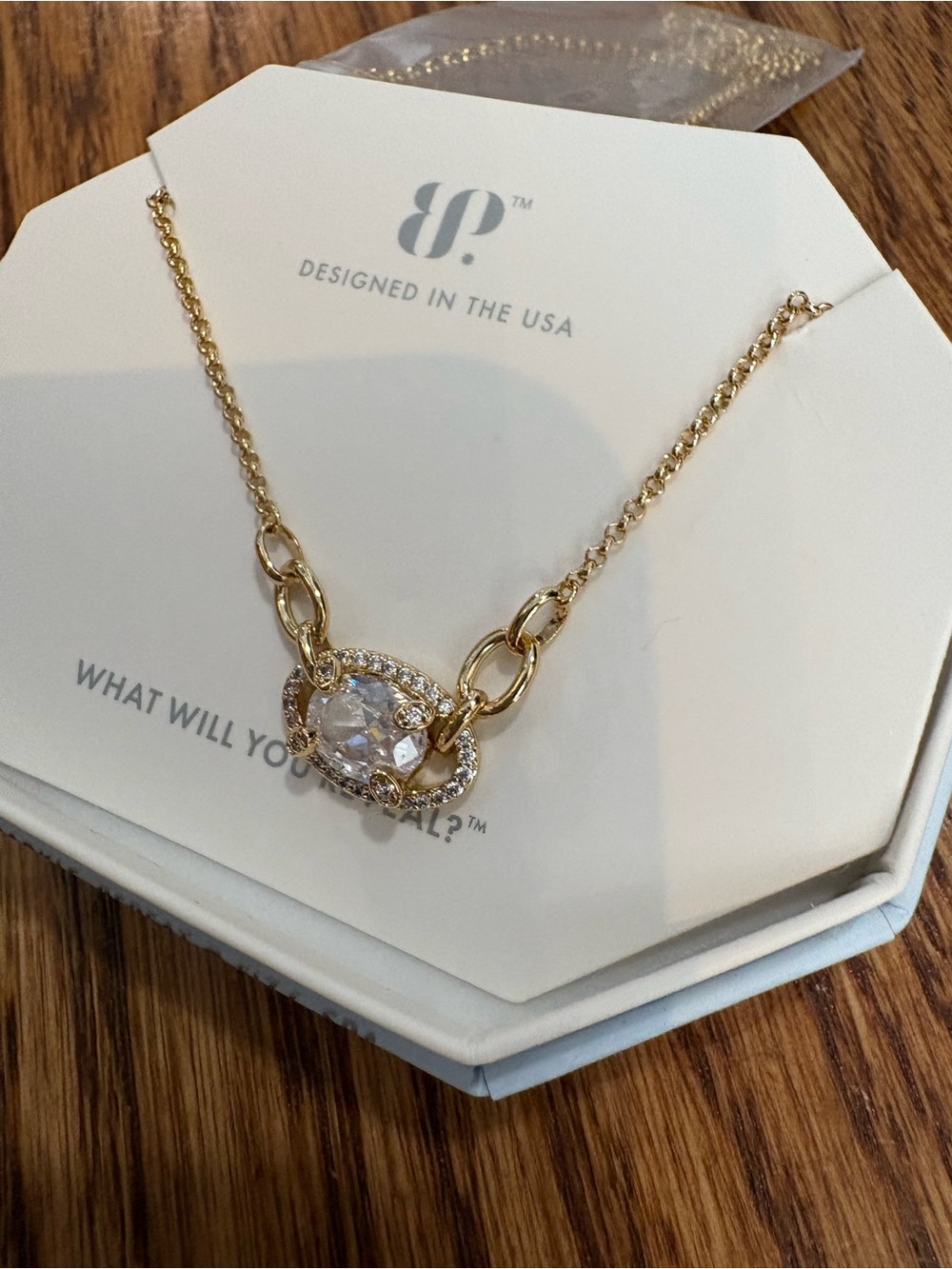 Gold Chain Necklace with Clear Crystal Pendant by BP